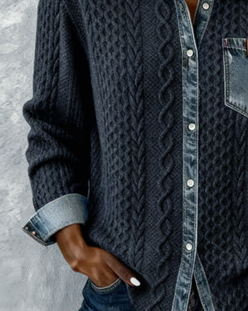 Long-Sleeve Shirt with Denim Patchwork