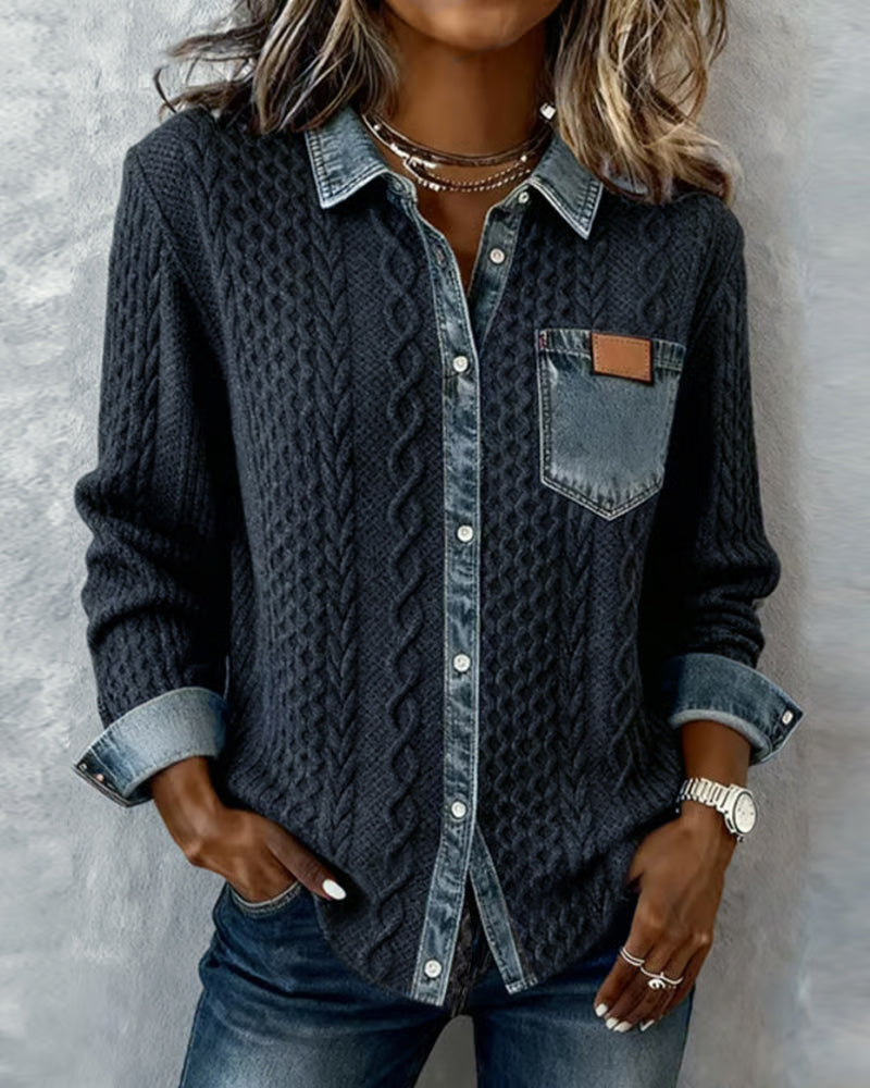 Long-Sleeve Shirt with Denim Patchwork
