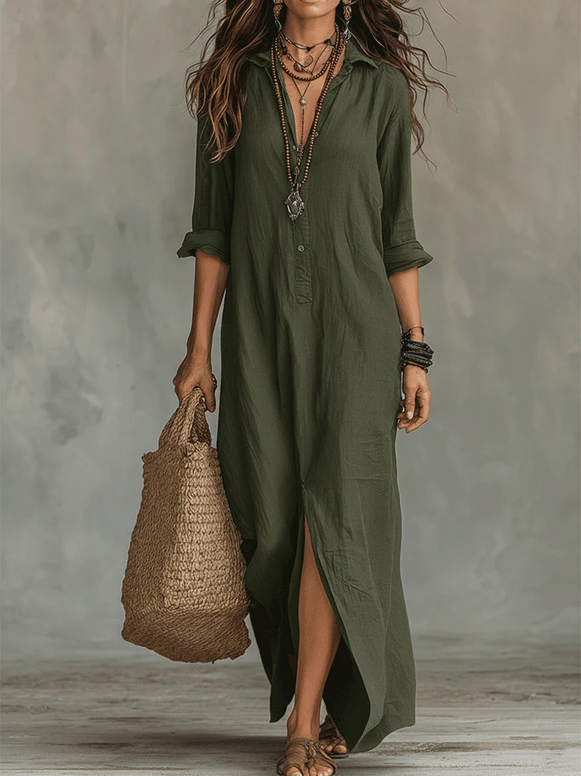 Soline | Relaxed V-Neck Button Maxi Dress