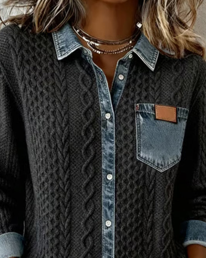 Long-Sleeve Shirt with Denim Patchwork