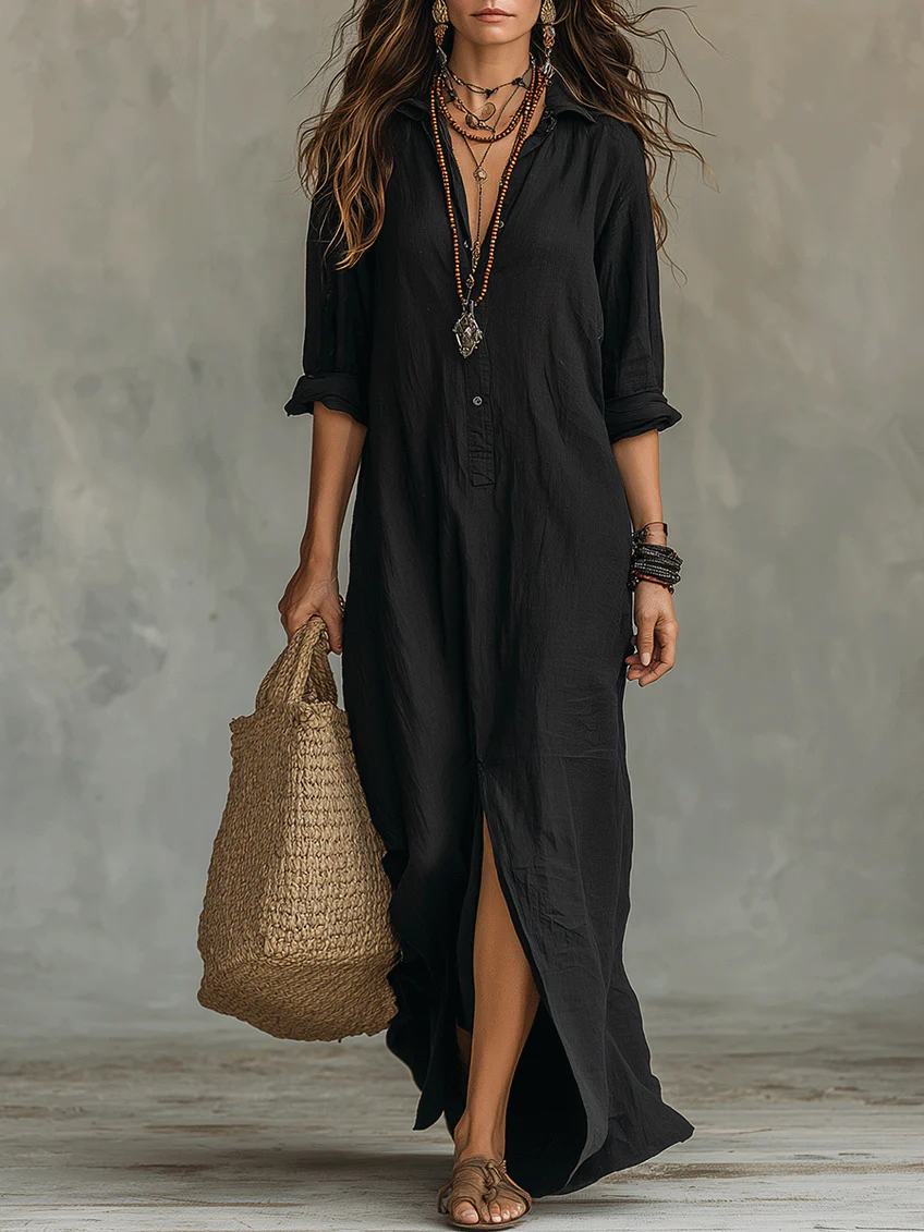 Soline | Relaxed V-Neck Button Maxi Dress