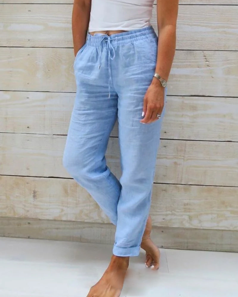 Women's  Elastic Waist Cotton Linen Wide Leg Pants